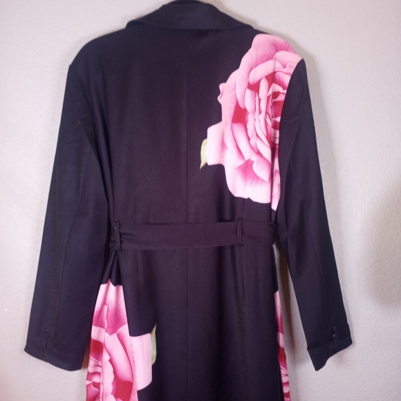 Maraval Silky Black Pink Rose Floral Bohemian Belted Classic Trench Coat Dress M - Picture 7 of 11